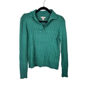 White Stag Womens emerald green collared cable knit sweater sz Md preppy
